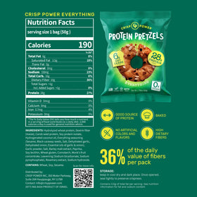 CRISP POWER protein pretzels sesame bag highlights savory crunch and added protein boost