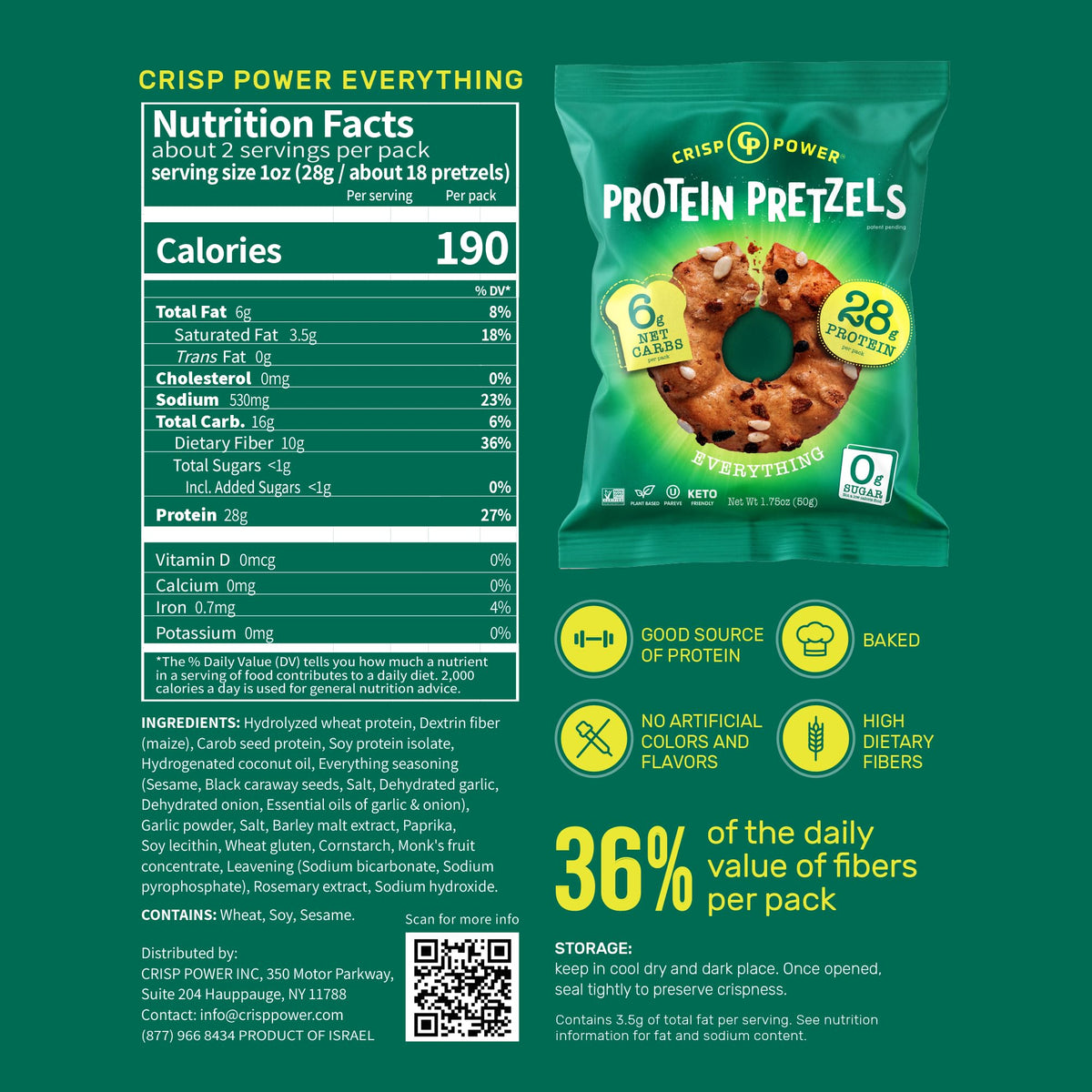 CRISP POWER Protein Pretzels Everything flavor bag for protein-rich snacking