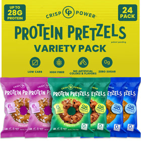 CRISP POWER Protein Pretzels Sea Salt bag showing high-protein on-the-go snack