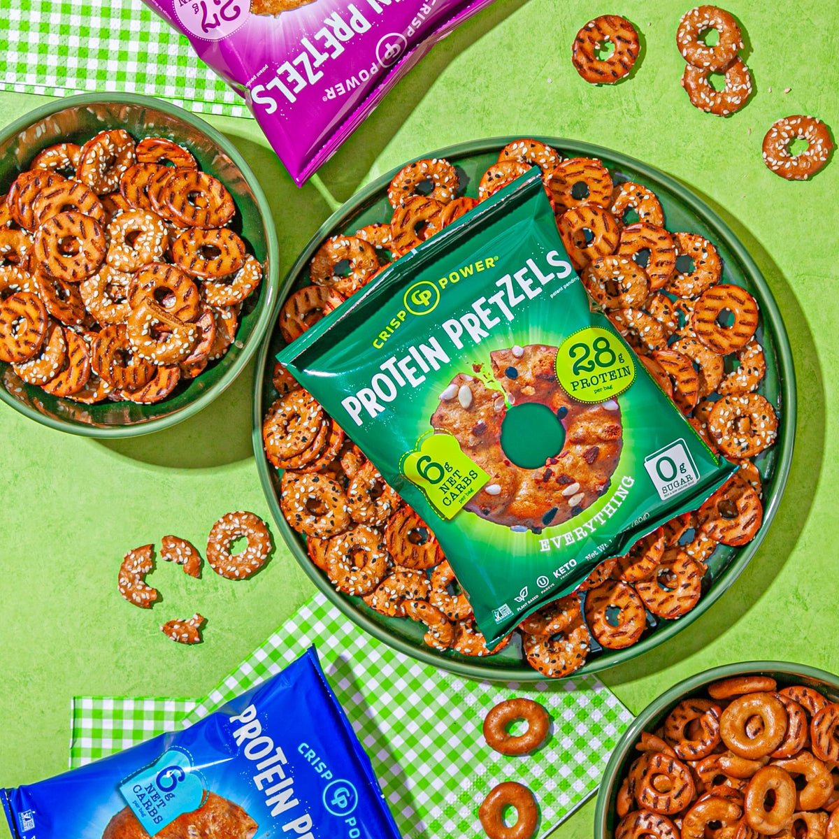 CRISP POWER Protein Pretzels Sesame flavor bag highlighting savory crunch