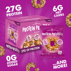 CRISP POWER Sesame Protein Pretzels crunch conveys high protein and low net carbs.