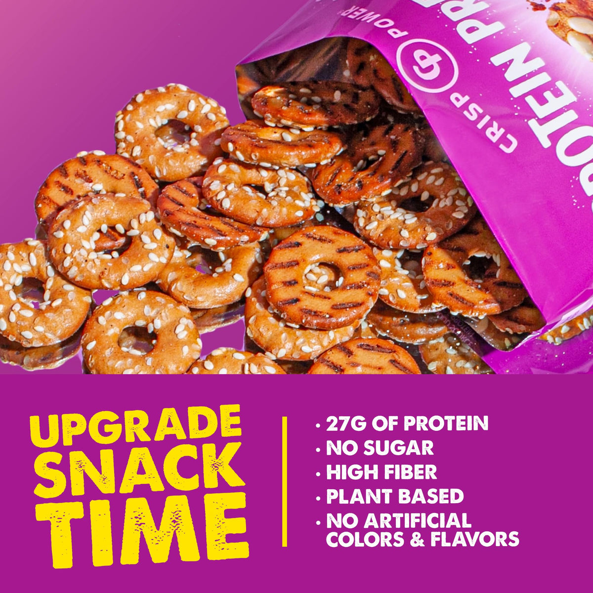 CRISP POWER Sesame Protein Pretzels ingredients list emphasizing quality and low net carbs.