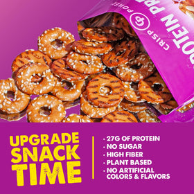 CRISP POWER Sesame Protein Pretzels on-the-go lifestyle-friendly snack setup.