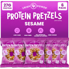 CRISP POWER Sesame Protein Pretzels pack front highlighting protein benefits for on-the-go snacking.