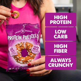 CRISP POWER Sesame Protein Pretzels serving size showcased for easy counting.