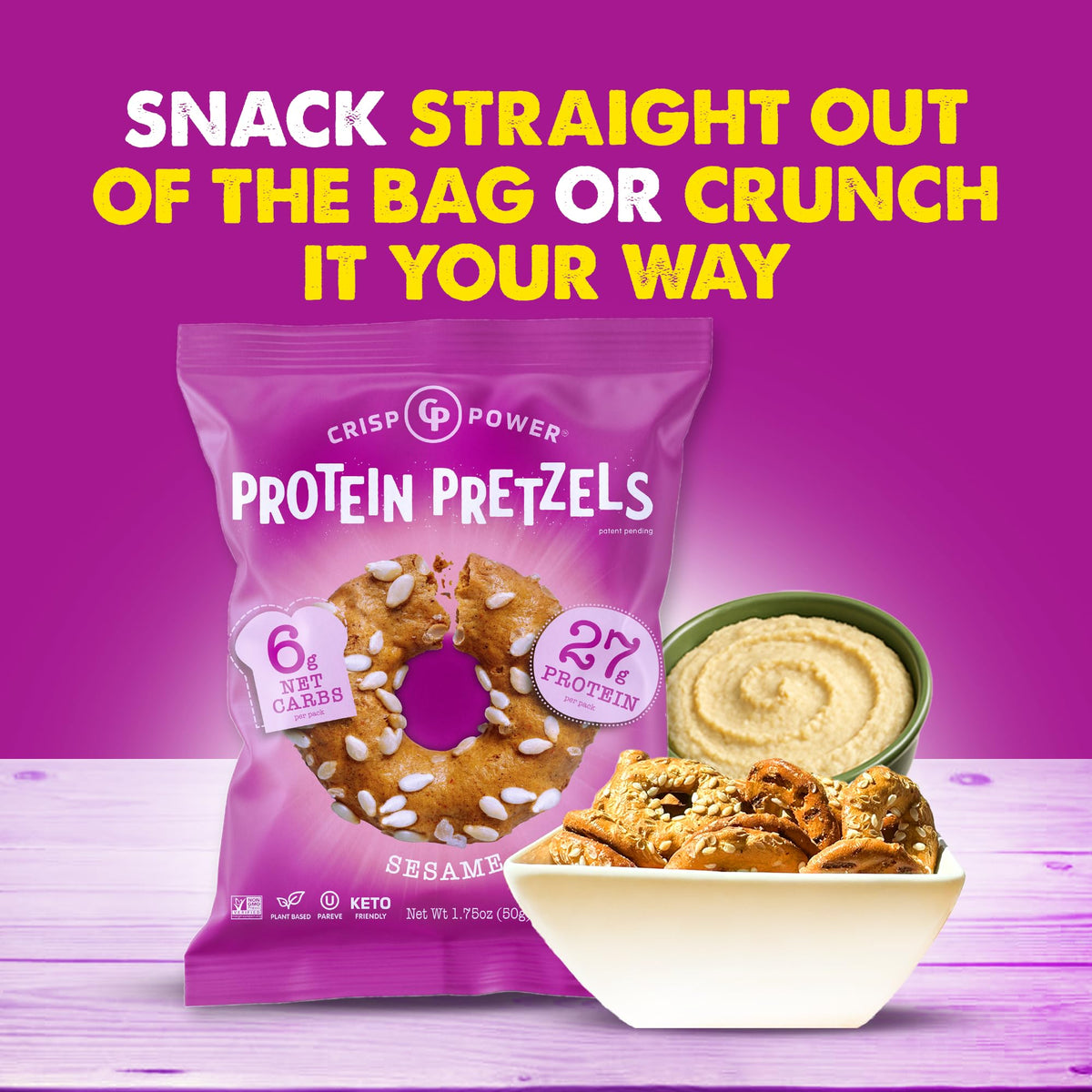 CRISP POWER Sesame Protein Pretzels six-pack display for convenient stocking.