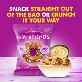 CRISP POWER Sesame Protein Pretzels six-pack display for convenient stocking.