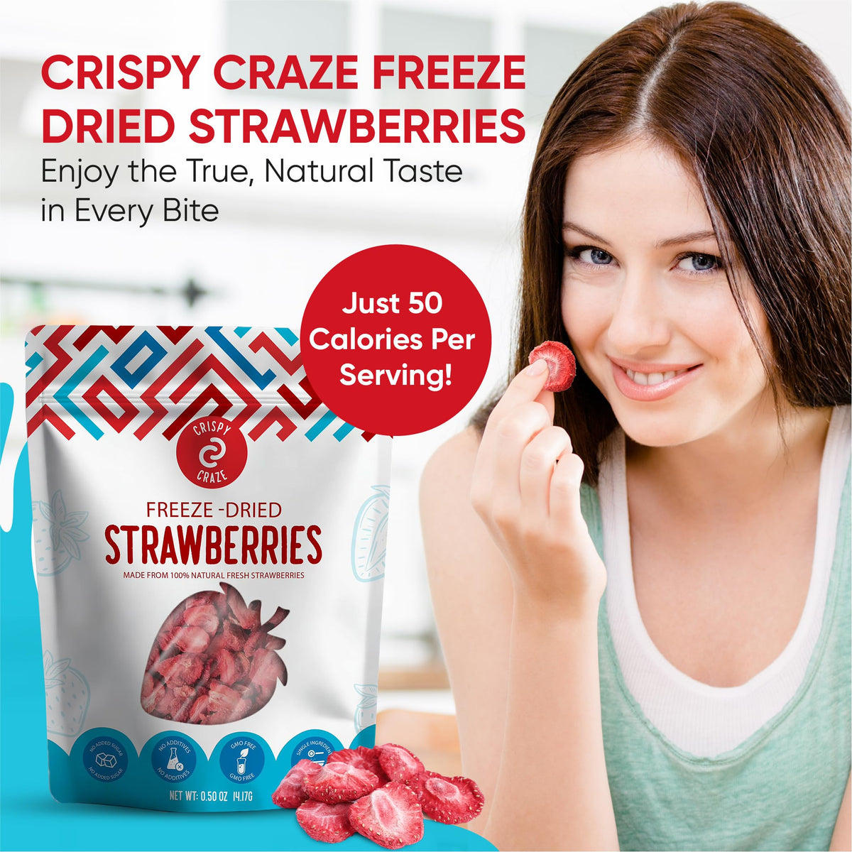 Crispy Craze freeze-dried strawberries packaging highlighting six portions