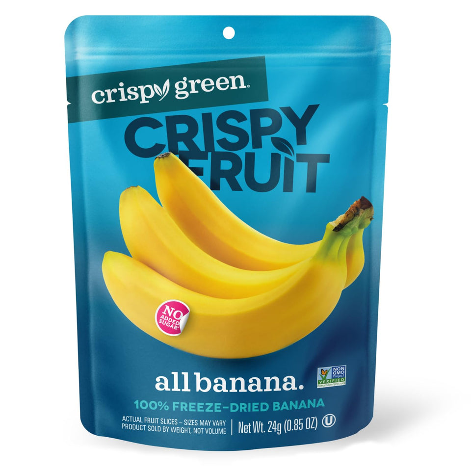 Crispy Green freeze-dried banana snacks in a 12-pack, convenient for on-the-go snacking.