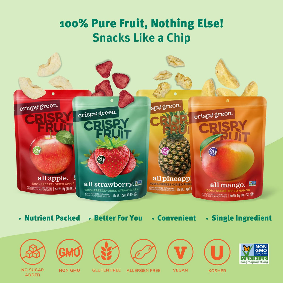 Crispy Green freeze-dried apple snacks close-up highlighting crunch.
