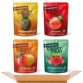 Crispy Green freeze-dried fruit variety pack display with four flavors.