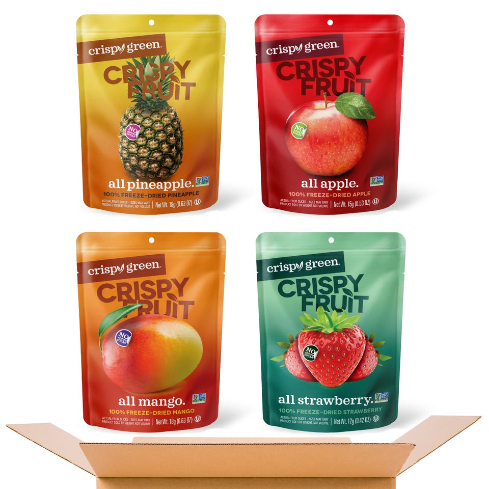 Crispy Green freeze-dried fruit variety pack display with four flavors.