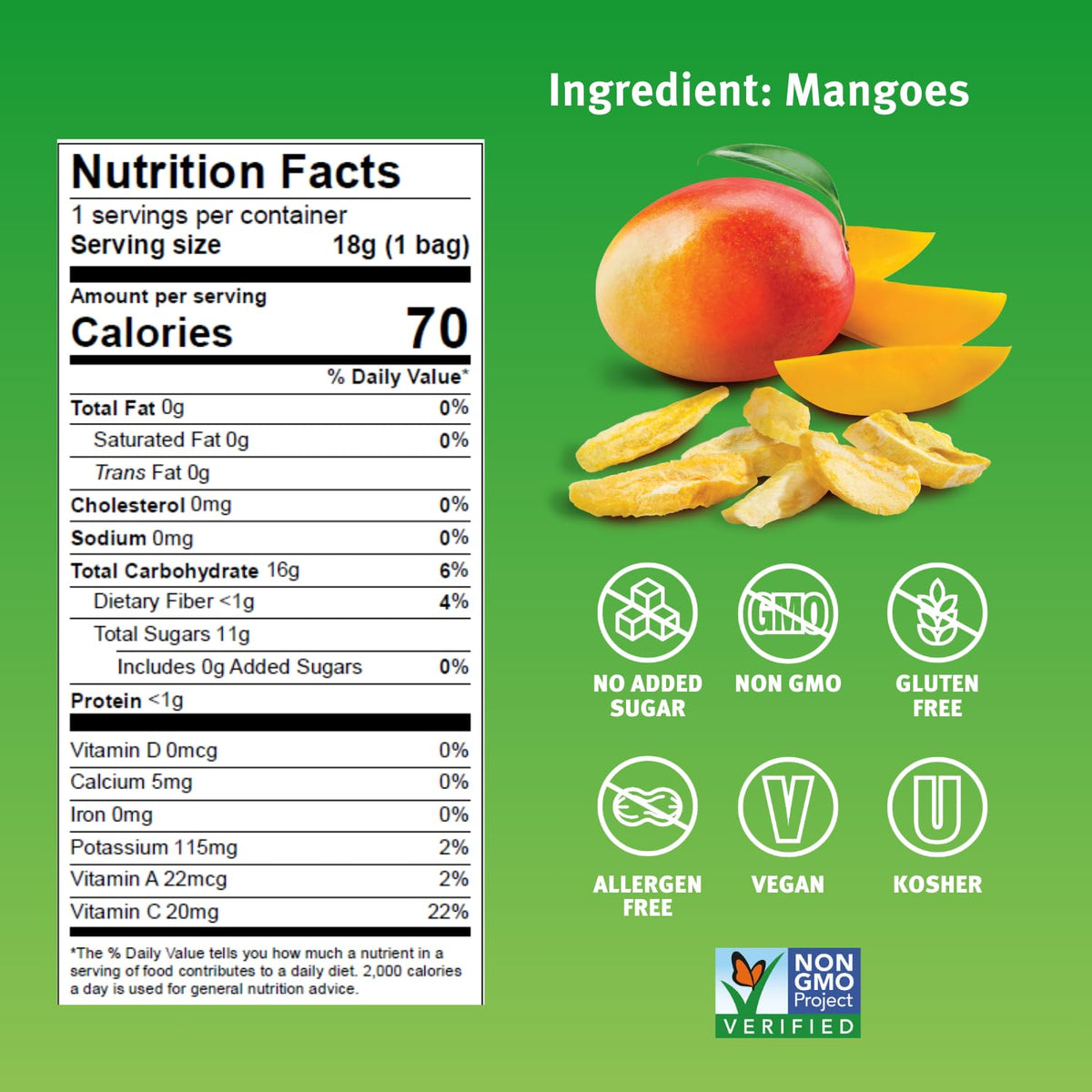Crispy Green freeze-dried mango snacks bag closeup showing texture