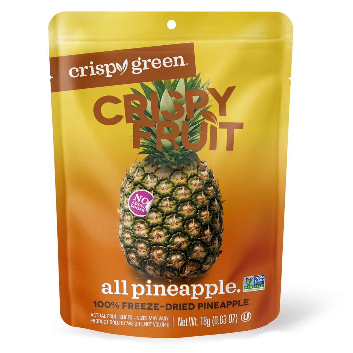 Crispy Green 12-pack pineapple snacks, ideal for school lunches.