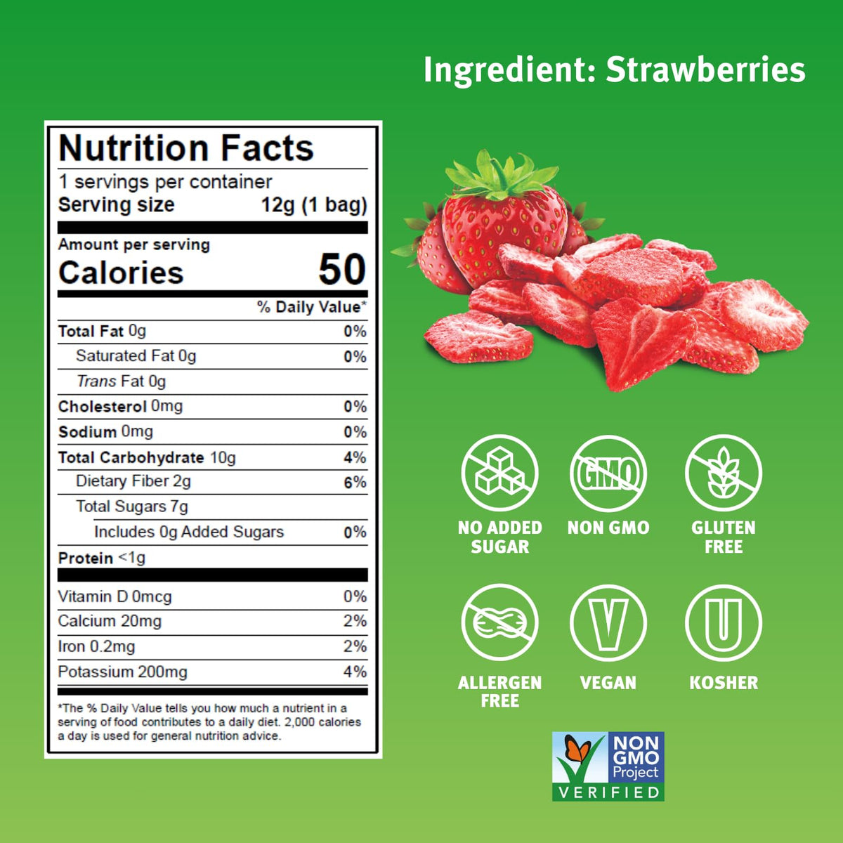 Close-up of Crispy Green freeze-dried strawberries showing natural color and crisp texture.