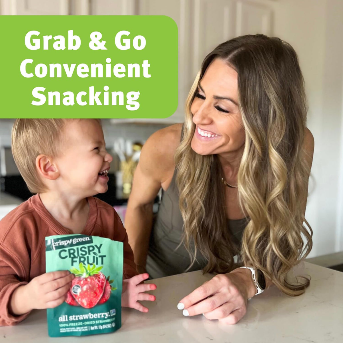 Crispy Green freeze-dried strawberry snack packaging emphasizes single-serve convenience.
