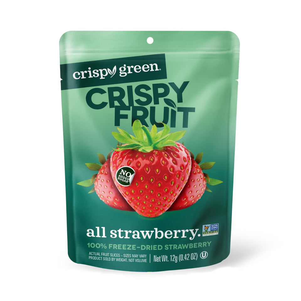 Crispy Green freeze-dried strawberry snacks, 12-pack, ready for grab-and-go snacking.