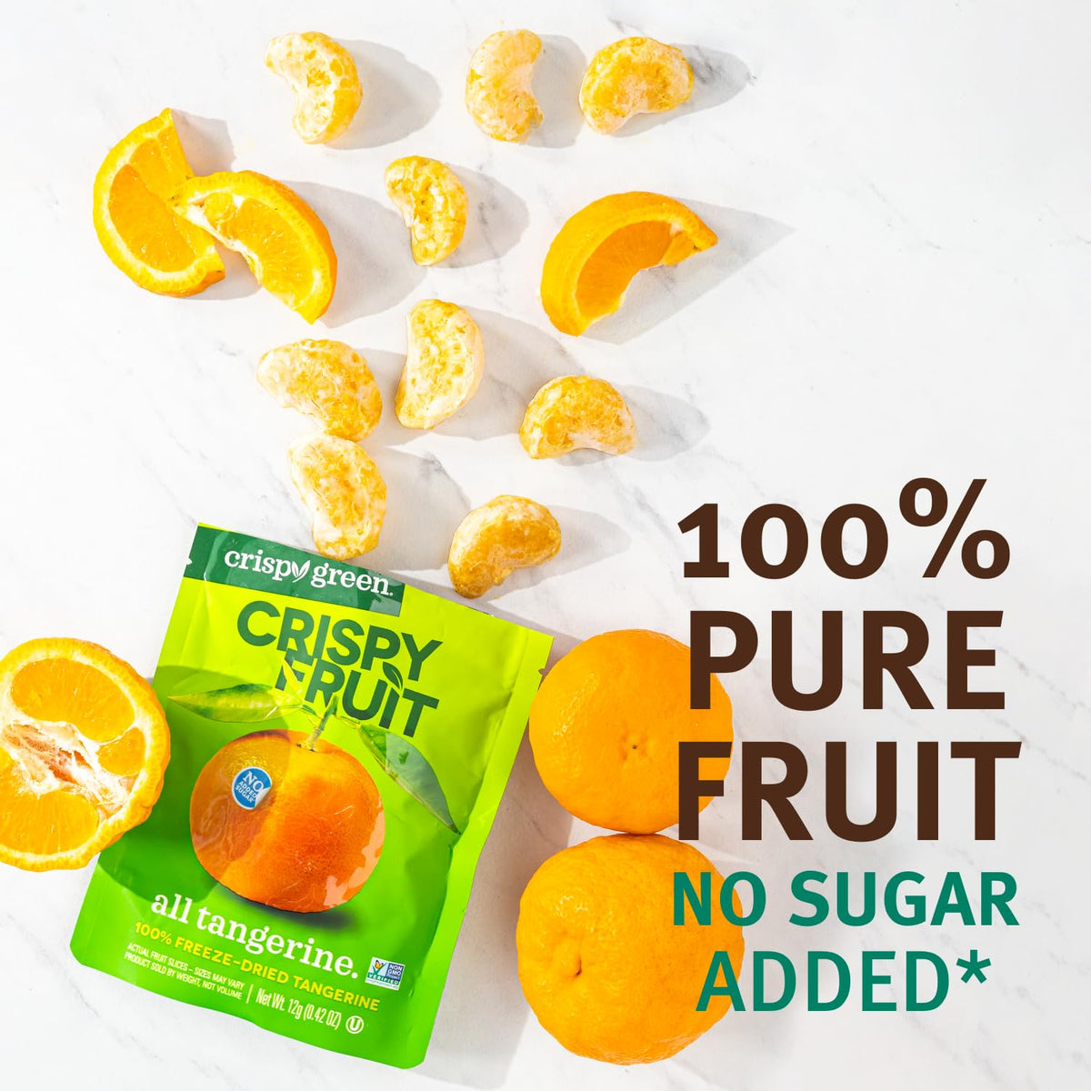 Close-up of Crispy Green Tangerine pieces showing natural sweetness and no additives