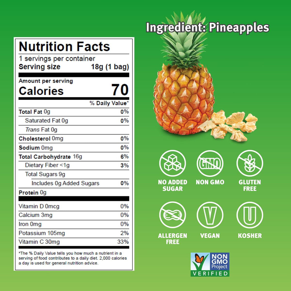 Close-up of Crispy Green pineapple snacks, showing crisp texture.