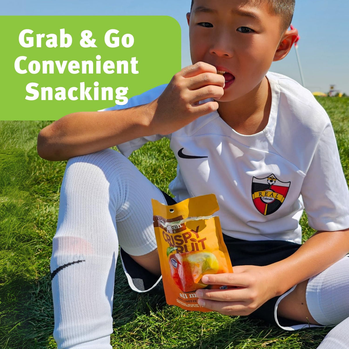Crispy Green single-serve mango snack packages for portability