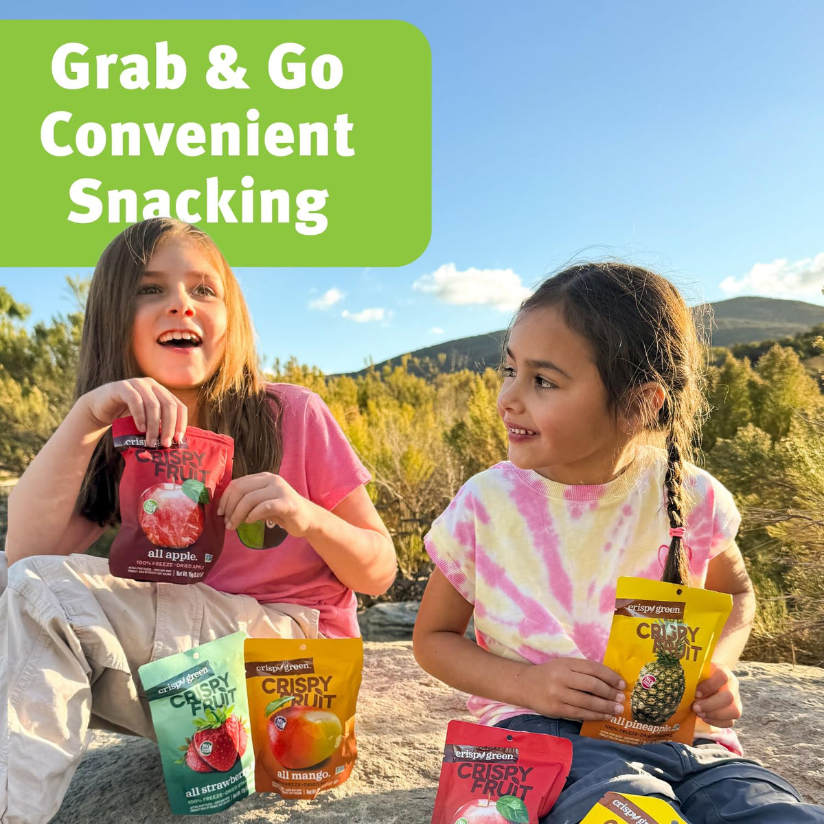 Crispy Green single-serve snack bag shown in a backpack for on-the-go.