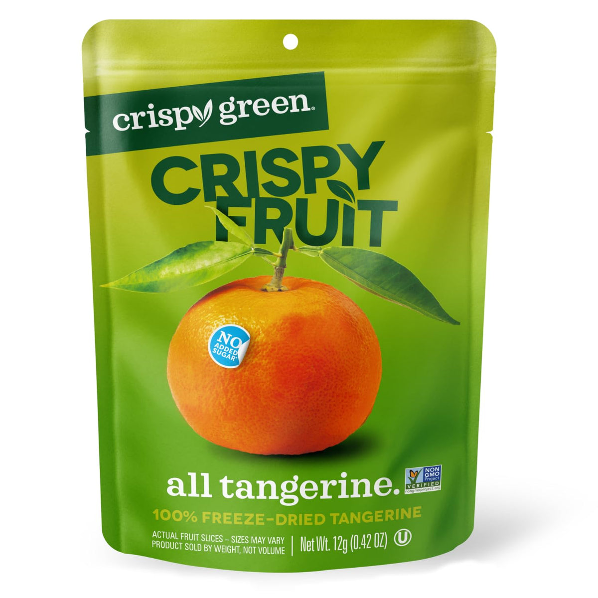 Crispy Green Freeze-Dried Tangerine snacks in bag with crisp texture for on-the-go