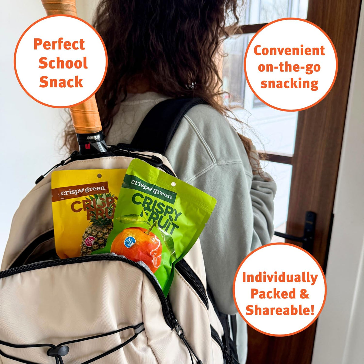 Crispy Green 12-pack display of single-serve tangerine snacks for lunches
