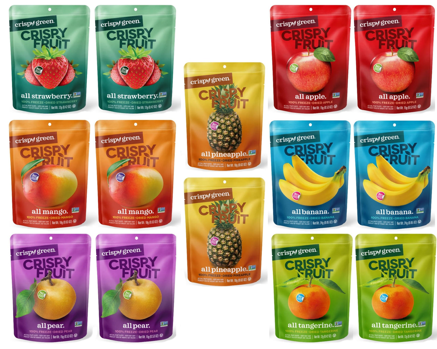 Crispy Green variety-pack freeze-dried fruit crisps for on-the-go healthy snacking