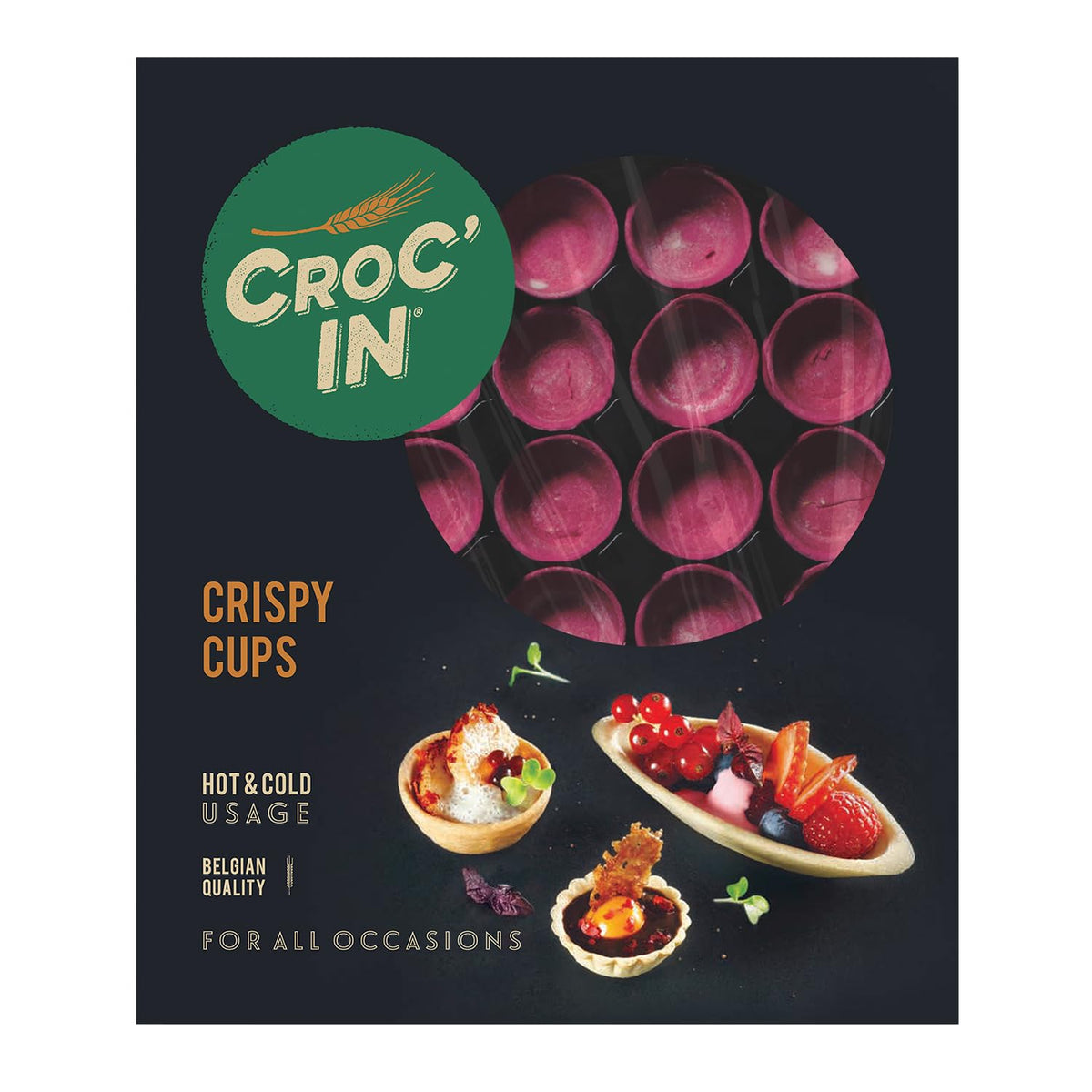 CROC'IN fuchsia mini tart shells ready to fill for appetizers.