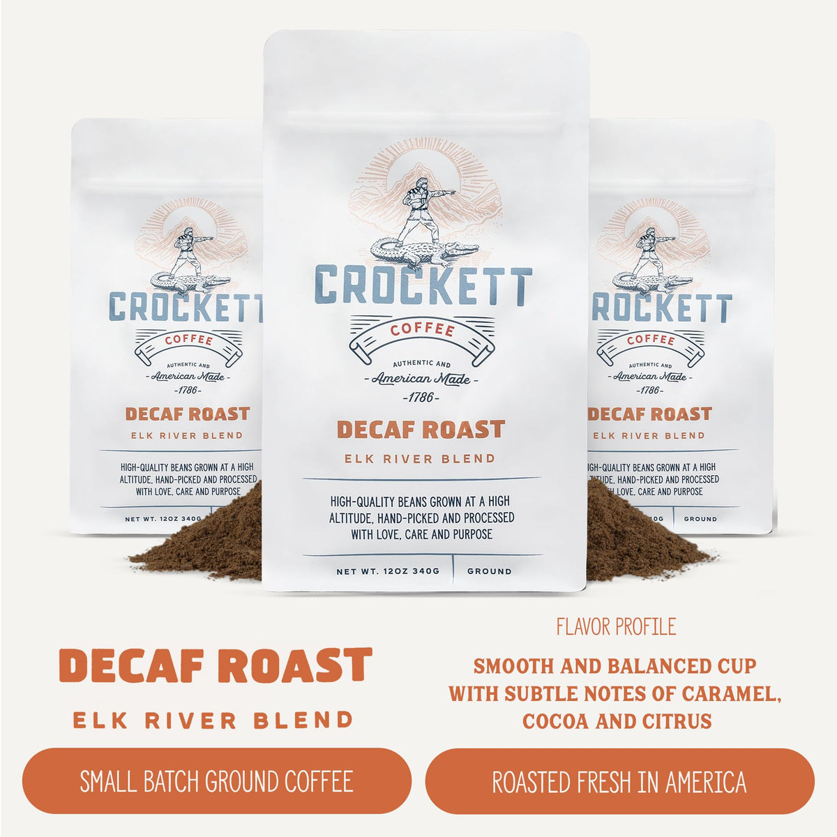 Crockett Coffee Decaf Ground bag back details USA roasting and careful sourcing.