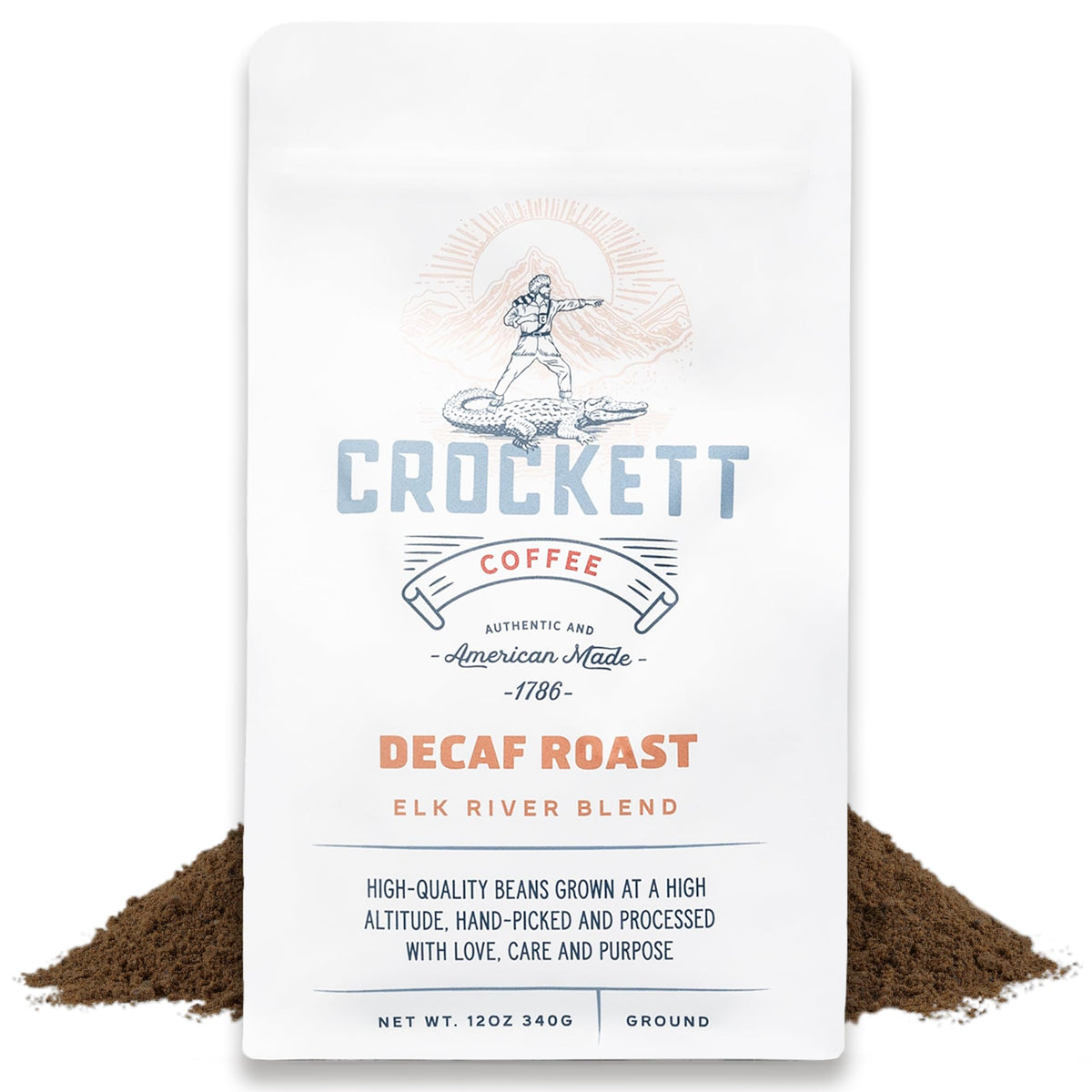 Crockett Coffee Decaf Ground bag front shows bold flavor with caffeine-free promise.