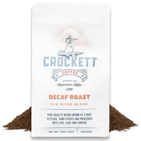 Crockett Coffee Decaf Ground bag front shows bold flavor with caffeine-free promise.