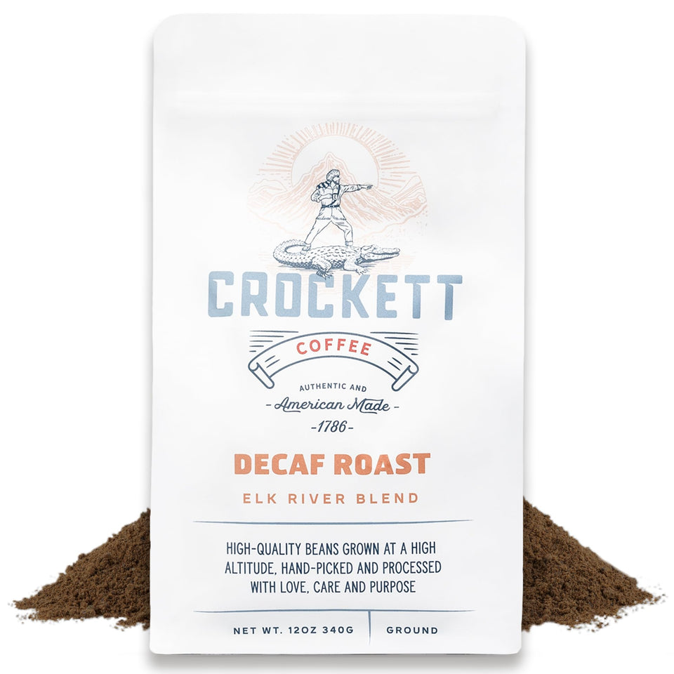 Crockett Coffee Decaf Ground bag front shows bold flavor with caffeine-free promise.