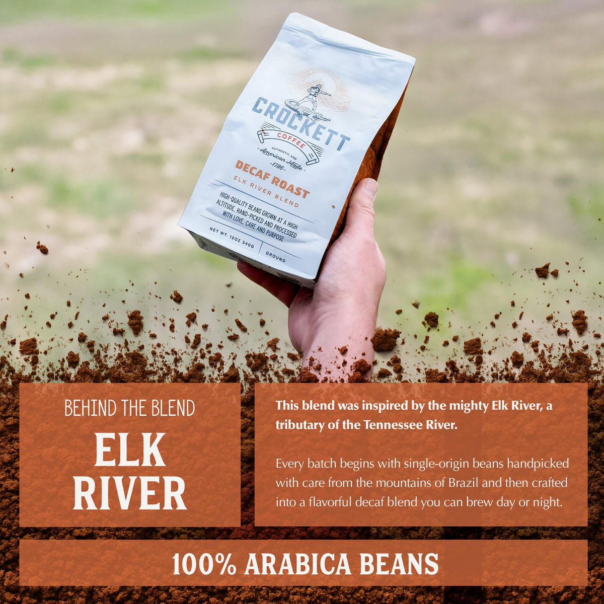 Crockett Coffee Decaf Ground brew closeup reveals rich crema and smooth body.