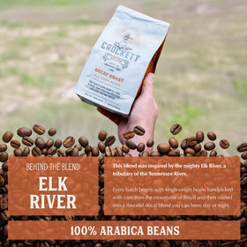 Crockett Coffee decaf roast bag and cup highlighting full-body aroma.