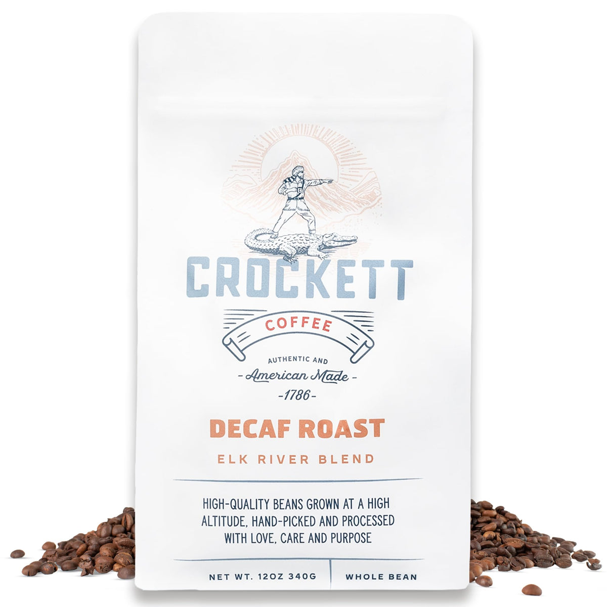Crockett Coffee decaf whole beans bag with bold flavor for calm energy.
