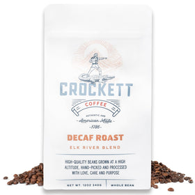 Crockett Coffee decaf whole beans bag with bold flavor for calm energy.