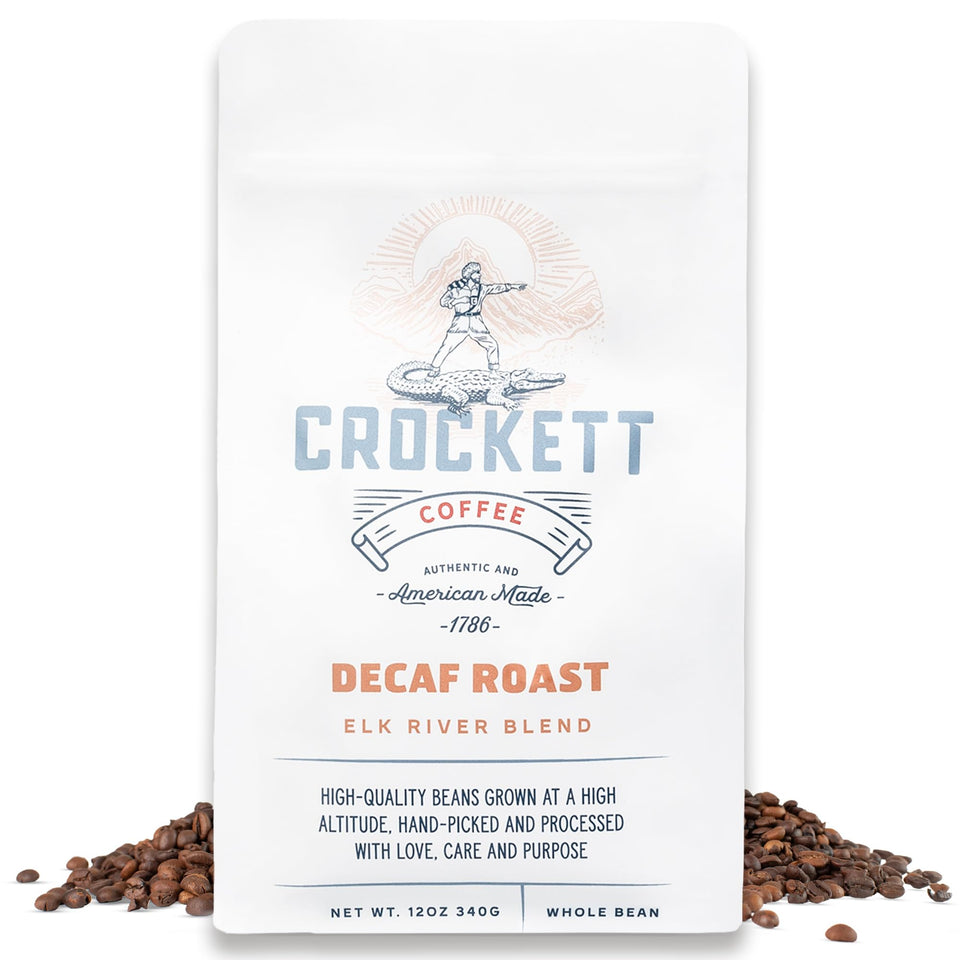 Crockett Coffee decaf whole beans bag with bold flavor for calm energy.