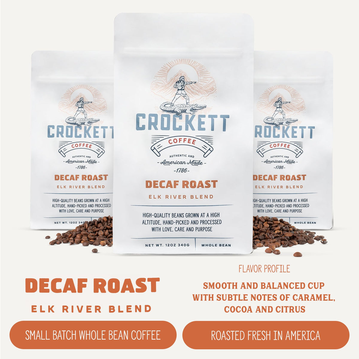 Crockett Coffee decaf whole beans with steaming mug showing smooth finish and aroma.
