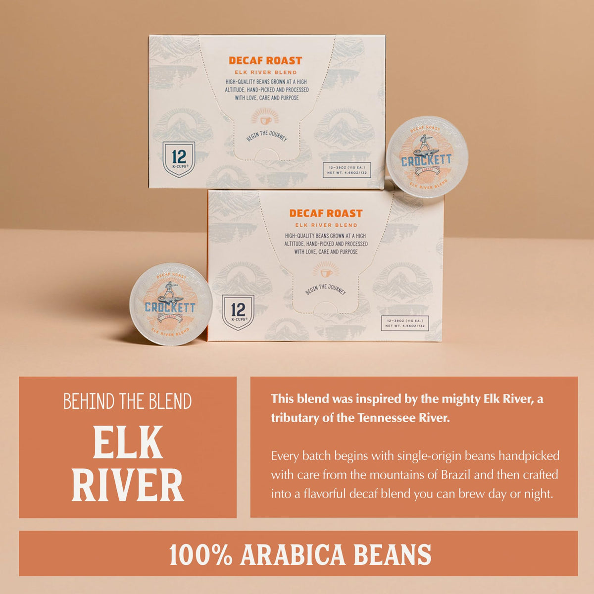 Crockett Coffee K Cups packaging front suggests premium, gift-ready decaf experience
