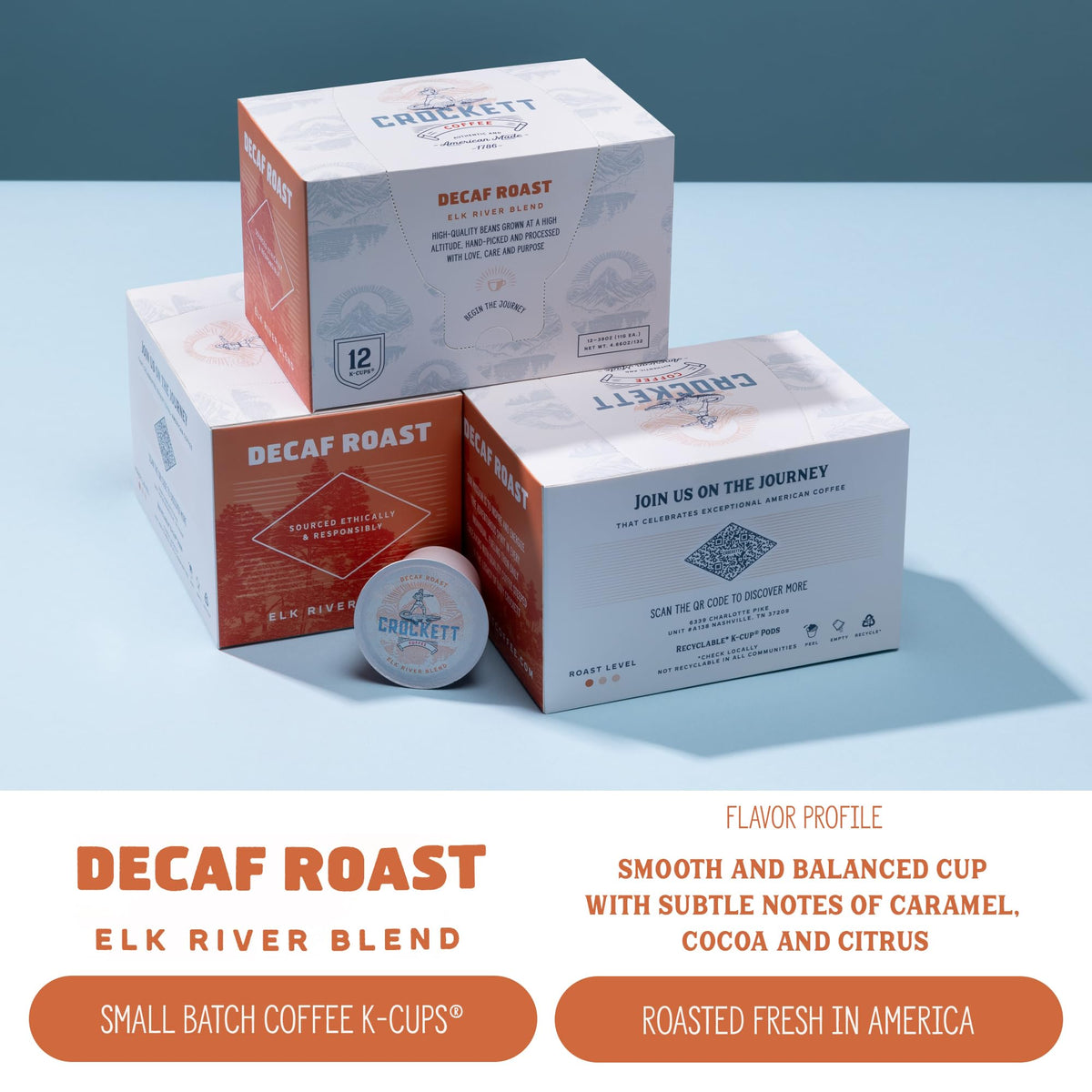 Crockett Coffee K Cups rich decaf roast aroma fills the kitchen