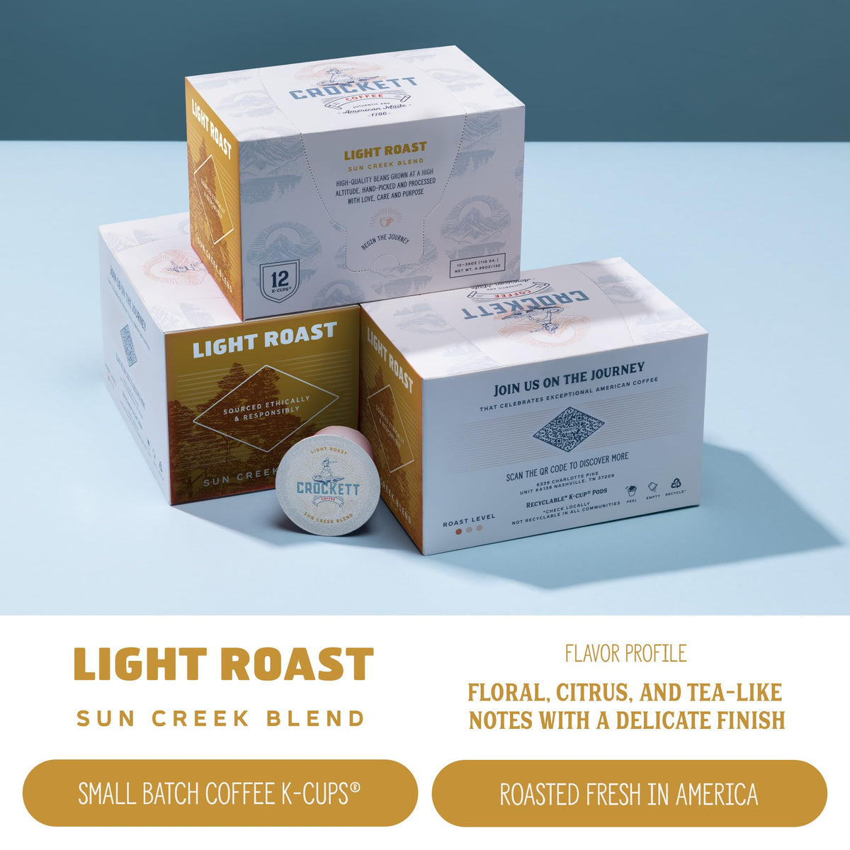 Crockett Coffee K Cups bright flavor aroma giving a refined, not heavy, cup