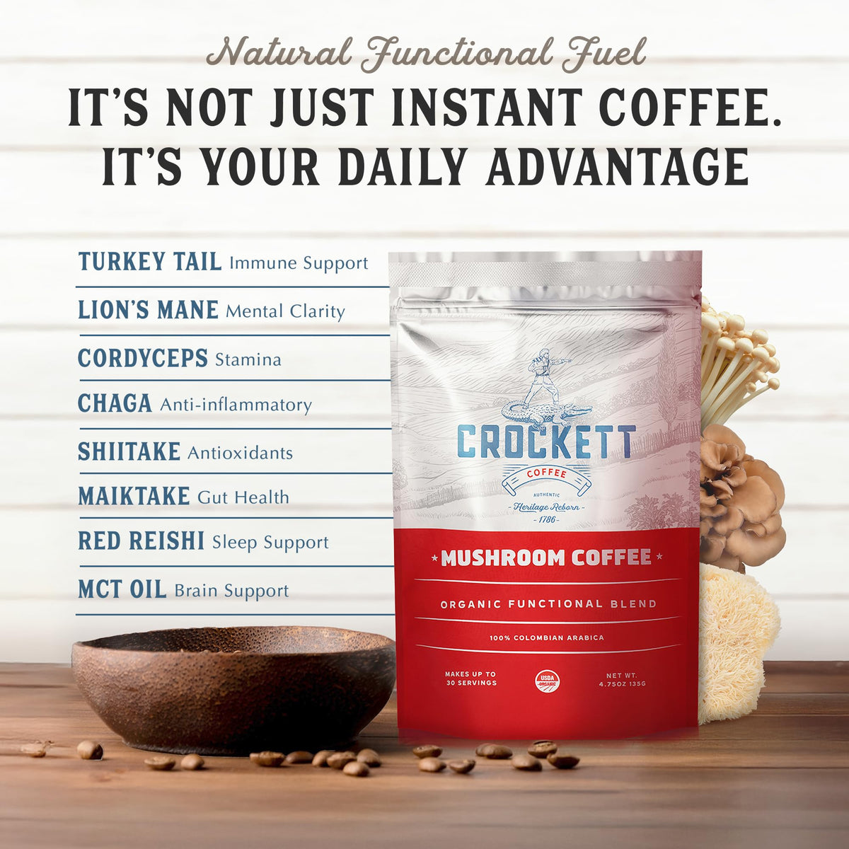 Crockett Coffee MCT oil bottle close-up highlighting energy support.