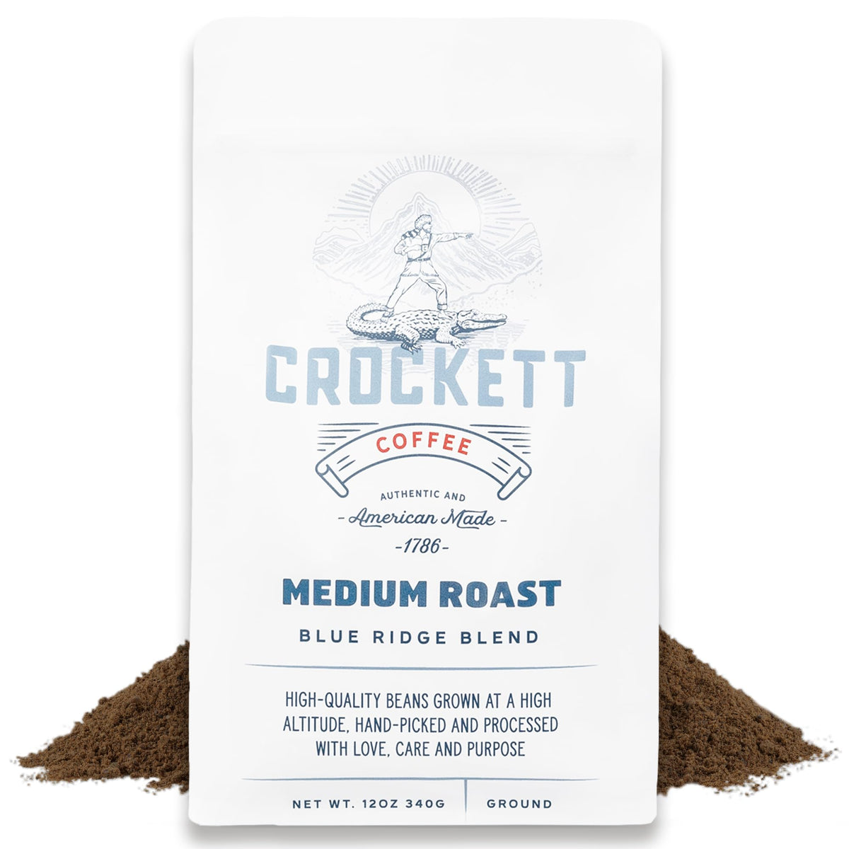 Crockett Coffee medium roast ground bag open for quick, reliable morning brews