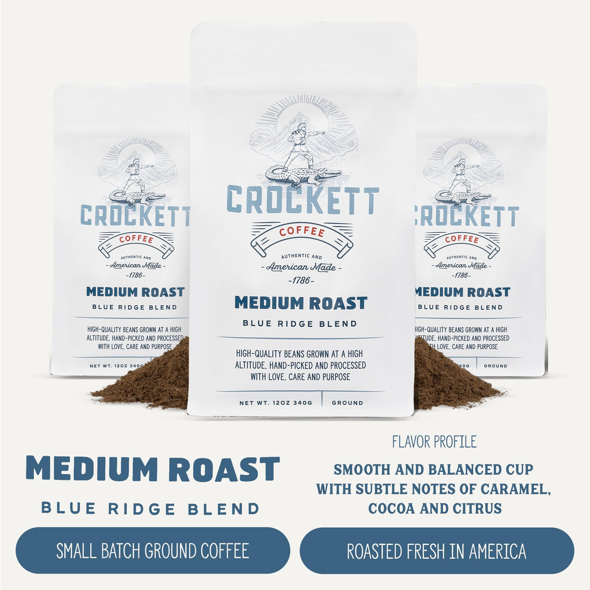 Crockett Coffee medium roast ground with cup steam showing a smooth finish