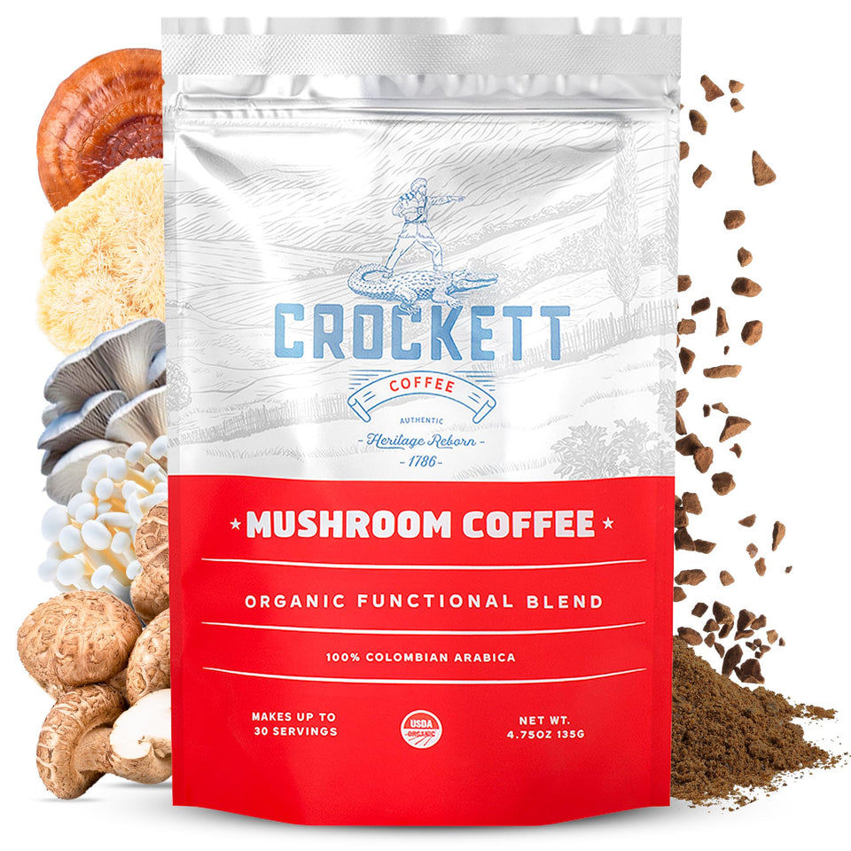 Crockett Coffee mushroom coffee bottle pour shows smooth energy potential.
