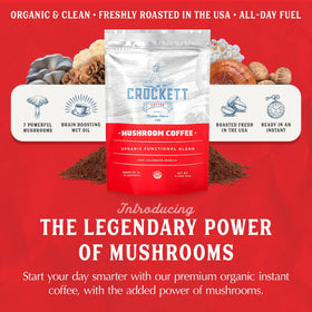 Crockett Coffee mushroom coffee cup steaming signals focused mornings.