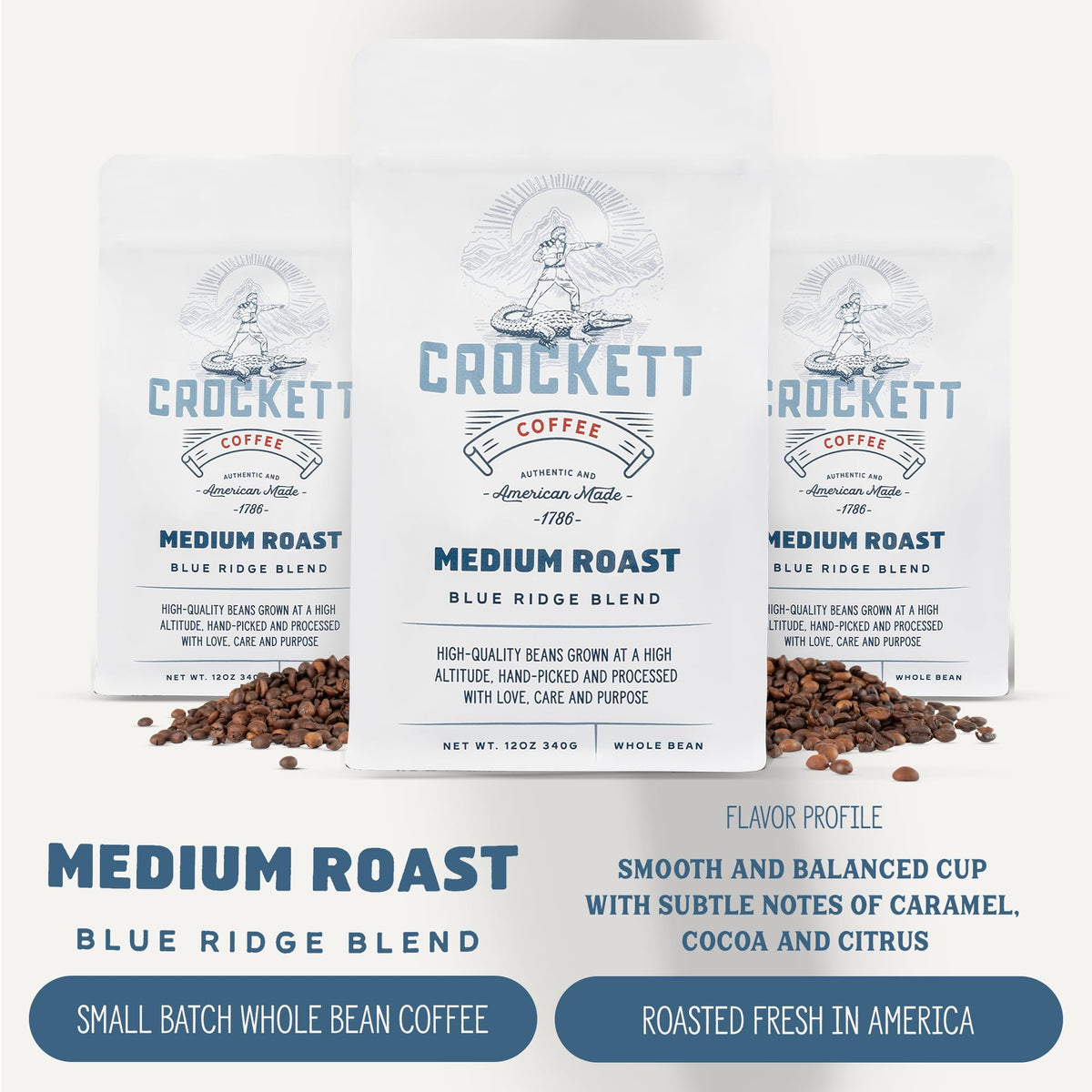 Crockett Coffee packaging bag preserves freshness for anytime brewing