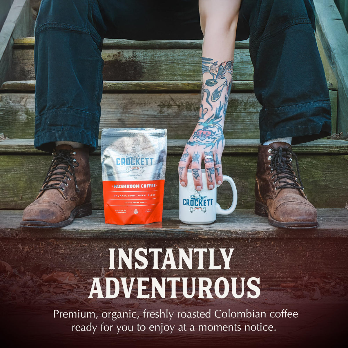 Crockett Coffee packaging box front features bold American made flavor.