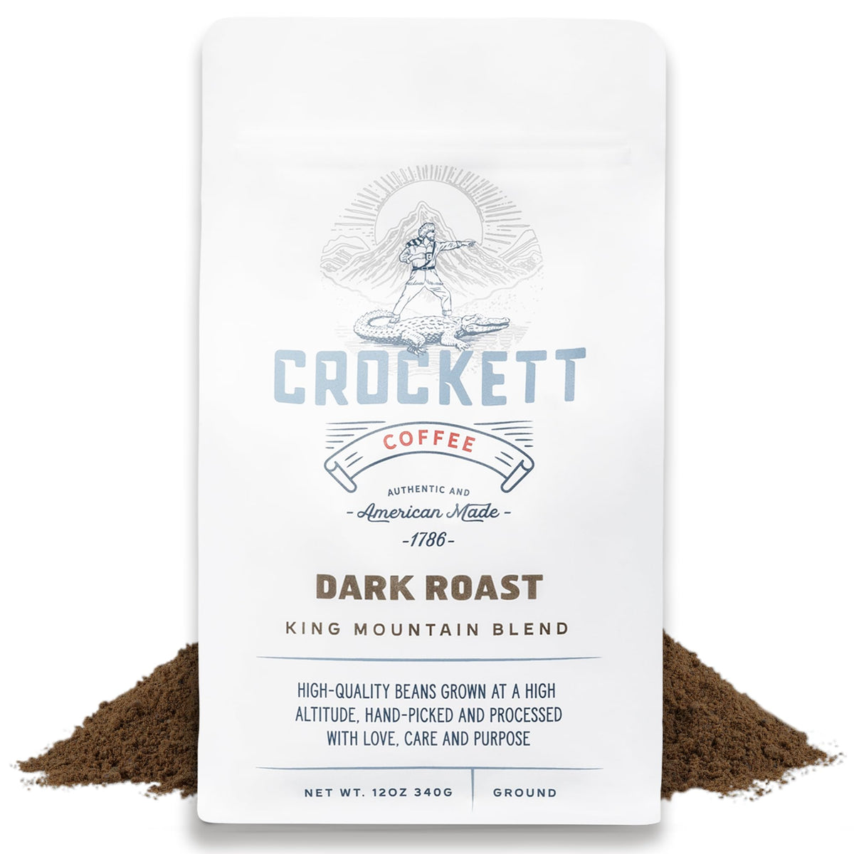 Crockett Dark Roast Ground Coffee bag highlighting bold flavor for mornings